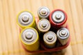 A bunch of generic old rechargeable alkaline batteries of different sizes, group of objects up close macro extreme closeup, energy