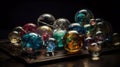 a bunch of glass marbles sitting on top of a metal tray on a wooden table with a black back ground and a black background