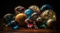 a bunch of glass marbles sitting on a wooden table top with a black back ground and a black background behind them, with a few of Royalty Free Stock Photo