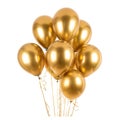 Bunch of glossy shiny gold helium balloons on string isolated on white, Ai Generated