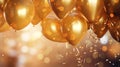 A festive celebration with gold balloons floating in the air