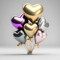 Bunch of gold color heart shaped foil balloons  on white background. Valentine's Day party decoration Royalty Free Stock Photo