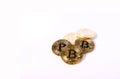 Bunch Of Golden Bitcoin Crypto Currency Coins On White Background. Domination