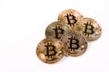Bunch Of Golden Bitcoin Crypto Currency Coins On White Background. Bitcoin Domination Concept