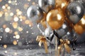 Bunch of golden and silver gray metallic glitter balloons with bows and confetti on glistering background. Birthday, holiday or Royalty Free Stock Photo