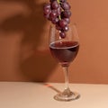 Bunch of grapes above the wineglass with red wine isolated on beige background. Alcohol drink. Festive mood Royalty Free Stock Photo