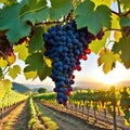 a bunch of grapes hanging from a vine in a vineyard at sunset or dawn with the sun setting behind Royalty Free Stock Photo