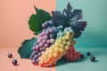 a bunch of grapes on a pastel background. Autumn mood, trendy minimalist harvest. Fashion image. Generative AI