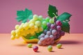 a bunch of grapes on a pastel background. Autumn mood, trendy minimalist harvest. Fashion image. Generative AI