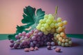 a bunch of grapes on a pastel background. Autumn mood, trendy minimalist harvest. Fashion image. Generative AI