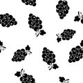 Bunch of grapes seamless pattern. Black sign wild berries and leaves on white background. Grapes flat icon