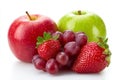 A bunch of grapes strawberries and an apple on a white background Royalty Free Stock Photo
