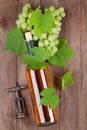 Bunch of grapes, white wine and corkscew Royalty Free Stock Photo