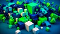 Bunch of green and blue cubes on blue background. Generative AI Royalty Free Stock Photo