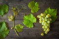 Bunch of green grapes with leaves on the wooden background Royalty Free Stock Photo
