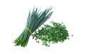 Bunch of a green onions and the cut onions Royalty Free Stock Photo