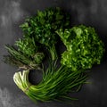 Bunch of green parsley, fresh onions or scallion, arugula, thyme, rosemary on a dark background, top view Royalty Free Stock Photo