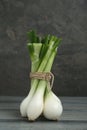 Bunch of green spring onions on grey wooden table Royalty Free Stock Photo
