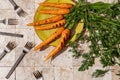 Bunch of grilled carrot roots with green leaves and salt flakes on a green craft plate on stone tales of earth tones background wi