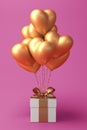 Bunch of heart shaped foil balloons and gift on pink background. Royalty Free Stock Photo