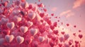 Bunch of heart shaped pastel pink balloons floating in pink sky background, soft delicate pink, valentine mood, month of love, coy Royalty Free Stock Photo