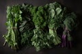 bunch of herbs include basil, cilantro, collard greens, radicchio, basil, parsley, chives, top view, greenery background.ai