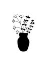 A bunch of herbs in a vase. Silhouettes of simple twigs, plants, herbarium. Ceramic pitcher, vase. Vector hand drawing in black