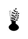 A bunch of herbs in a vase. Silhouettes of simple twigs, plants, herbarium. Ceramic pitcher, vase. Vector hand drawing