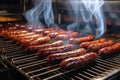 Photo of hot dogs grilling on a summer day. Industrial smoking of sausages and meat products in a factory. sausage in the