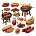 A bunch of hotdogs and other foods on a grill.