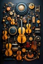 A bunch of instruments that are on a wall. Different violins. Flat musical background Royalty Free Stock Photo