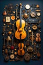 A bunch of instruments that are on a wall. Different violins. Flat musical background Royalty Free Stock Photo