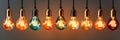 A bunch of isolated Vintage multi color light bulbs hanging from a ceiling. Panoramic image