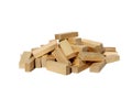 A bunch of jenga game details lie on a white background. Royalty Free Stock Photo