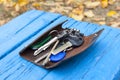 A bunch of keys on a blue wooden board Royalty Free Stock Photo