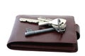 Bunch of keys on brown leather wallet Royalty Free Stock Photo