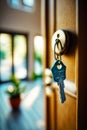 Bunch of keys that are on doorknob with potted plant in the background. Generative AI