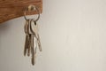 Bunch of keys hanging on a holder on a white wall Royalty Free Stock Photo