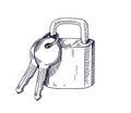 Bunch of keys hanging on ring, attached to padlock. Outlined engraved vintage drawing of lock. Retro-styled detailed