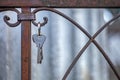 A bunch of keys hanging on the rusted fence of the grave in the