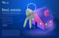 Bunch of keys and a house. Apartment and flat renting. Ultraviolet vector illustration. Royalty Free Stock Photo