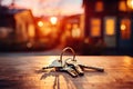 A bunch of keys from a new house on a wooden surface against a bokeh background. Generated by artificial intelligence Royalty Free Stock Photo