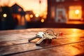 A bunch of keys from a new house on a wooden surface against a bokeh background. Generated by artificial intelligence Royalty Free Stock Photo