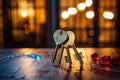 A bunch of keys from a new house on a wooden surface against a bokeh background. Generated by artificial intelligence Royalty Free Stock Photo