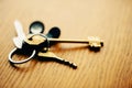 A bunch of keys to the apartment lies on a wooden table in the house. Sale and purchase of new housing