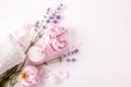 Bunch of lavender flowers and pink rose, banner, spa, beauty mothers day concept Royalty Free Stock Photo