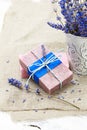 Bunch of lavender flowers,soap on old wooden background.Spa tre Royalty Free Stock Photo