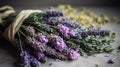 a bunch of lavenders are tied up on a table Royalty Free Stock Photo