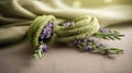 a bunch of lavenders are wrapped in a towel on a bed spread with a green cloth on it and a bunch of lavenders are laying on the Royalty Free Stock Photo
