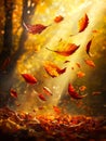 A bunch of leaves flying in the air in a forest Royalty Free Stock Photo